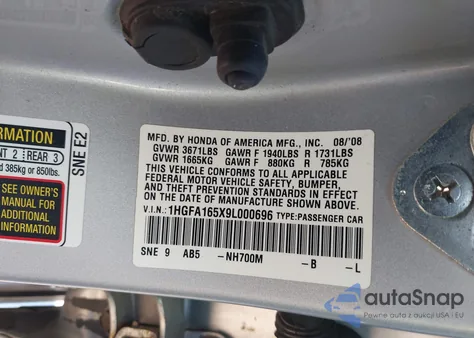 2009 Honda Civic Lx z USA, uszkodzony, nr VIN 1HGFA165X9L000696